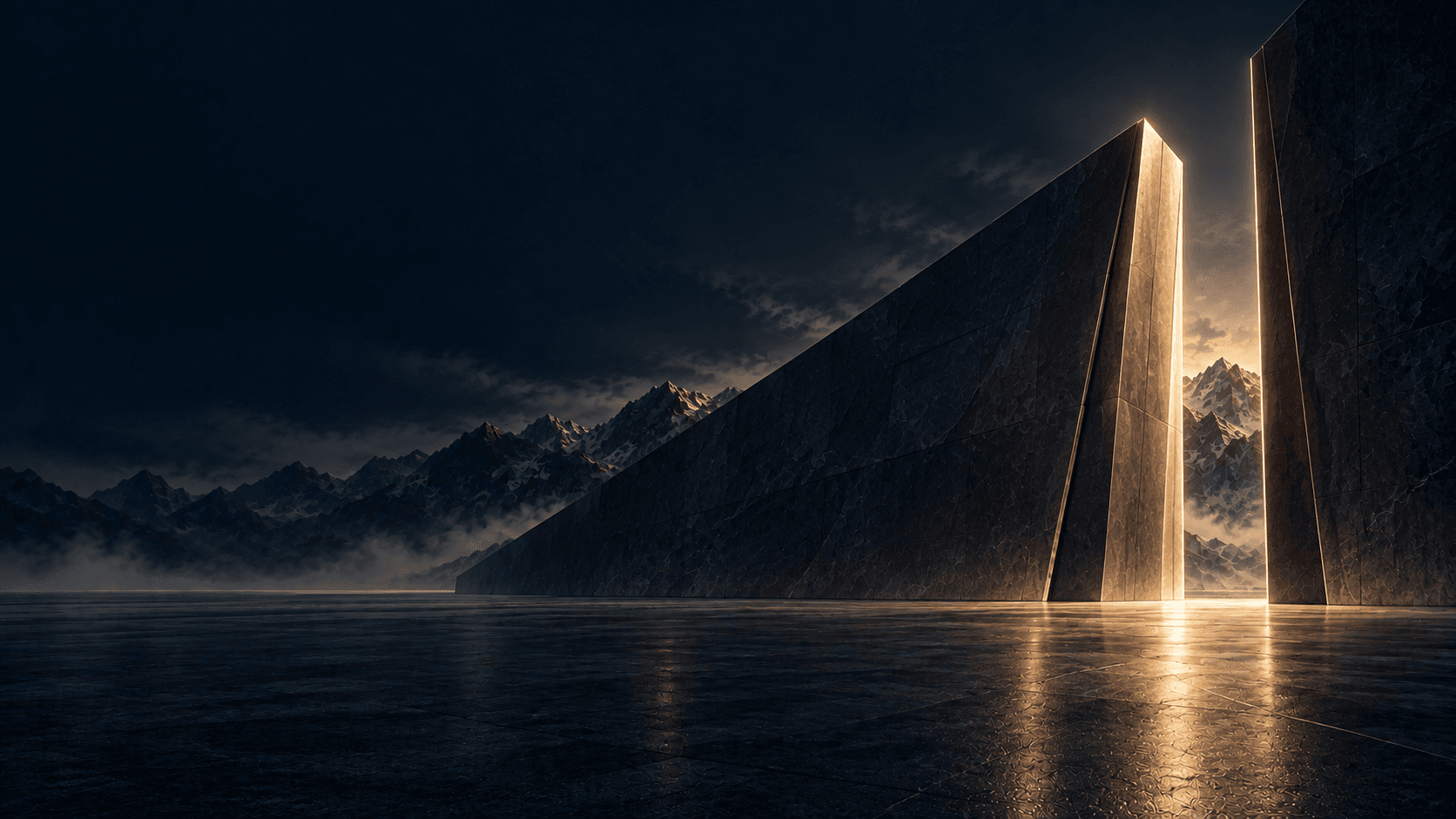 A monumental dark threshold opening toward precise champagne light