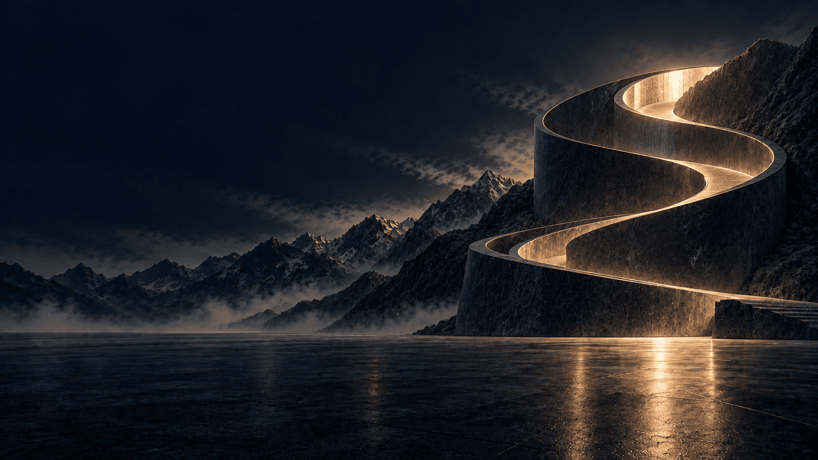 A monumental spiral observatory ascending toward a calm illuminated opening