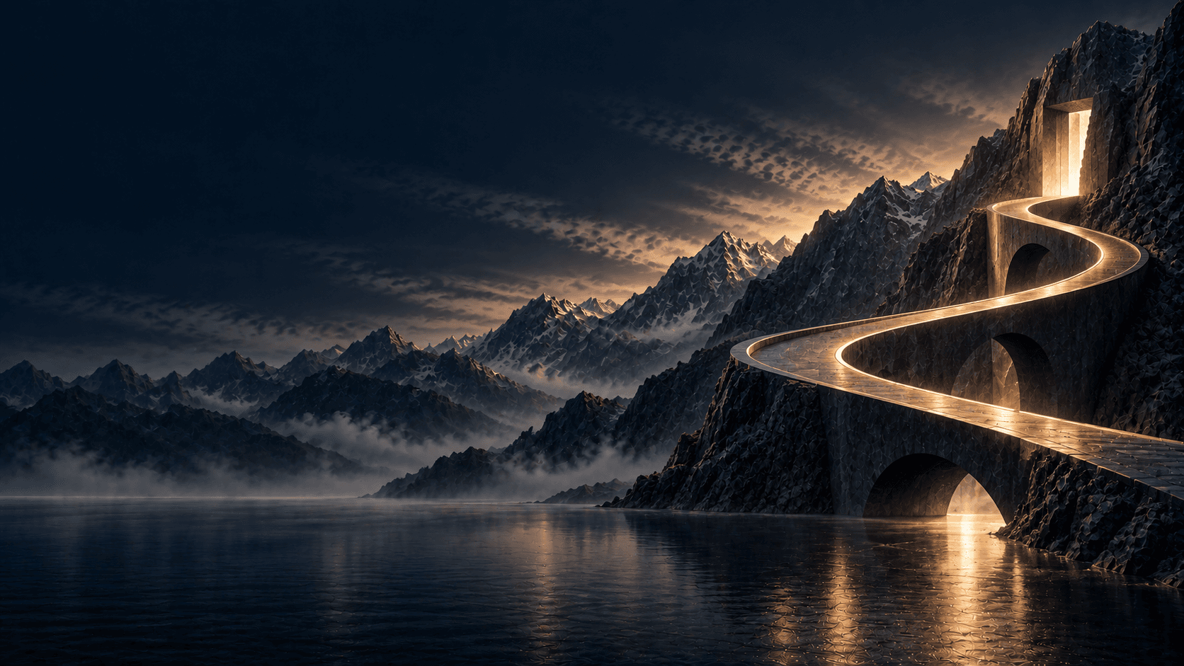 A monumental bridge anchored into a mountain and leading toward a quiet light