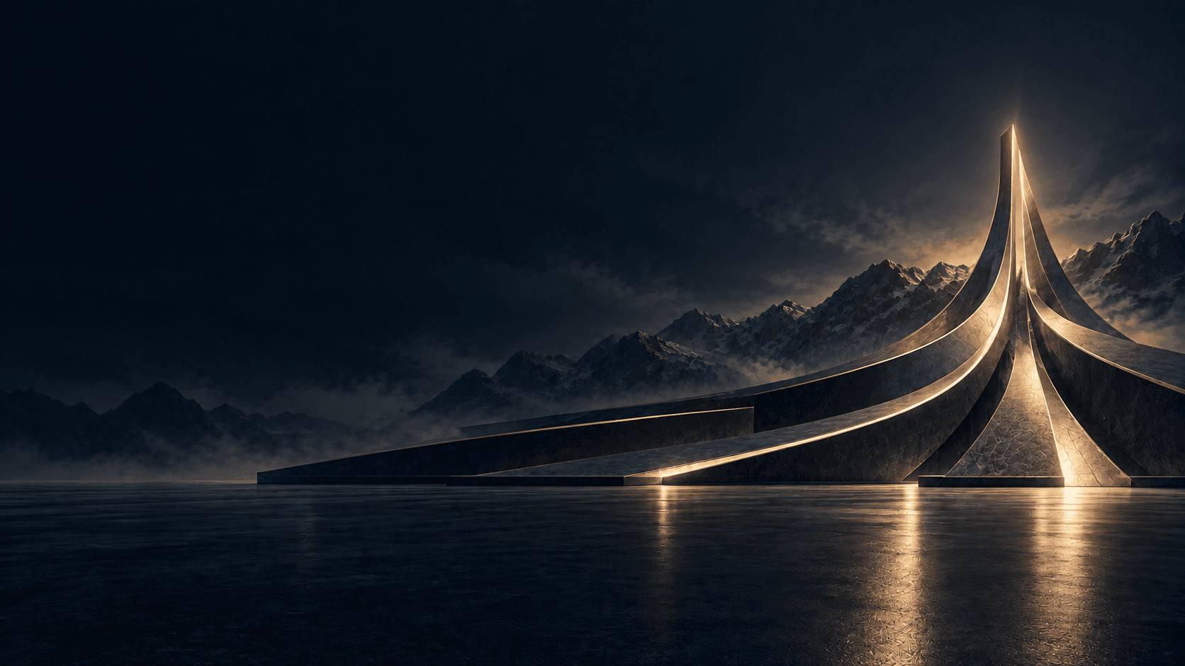 Architectural paths converging into a finished illuminated structure